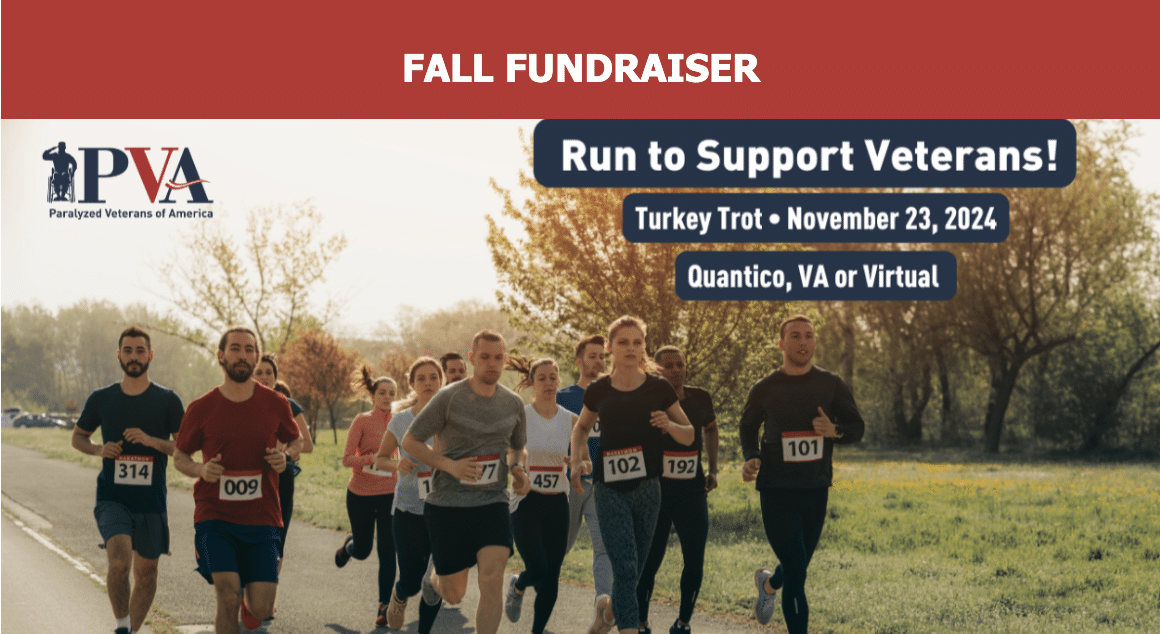 Group of runners participating in a fall fundraising event for Paralyzed Veterans of America. Text details a Turkey Trot on November 23, 2024, in Quantico, VA, or virtual. The backdrop is a scenic outdoor path.